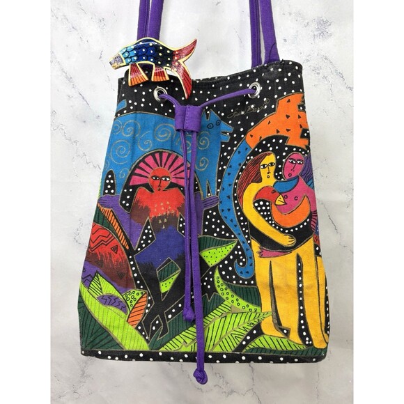 Vtg 90s LAUREL BURCH Tote Bag Drawstring Bucket Canvas Cat Retro Folk Art Artist - Picture 1 of 16